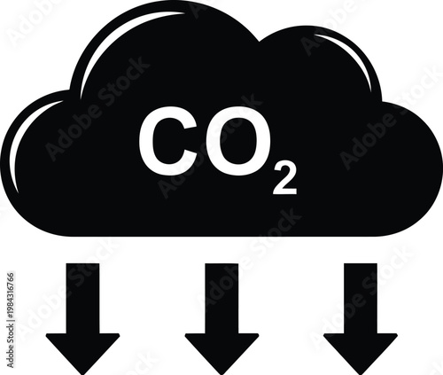 A clear vector illustration depicting a cloud with carbon dioxide chemical formula and descending arrows, symbolizing environmental efforts to reduce emissions or capture carbon from the atmosphere.
