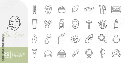 Skincare and Beauty Line Icons Set. Cosmetic, Facial Treatment, Wellness, Facial Symbols Editable Stroke