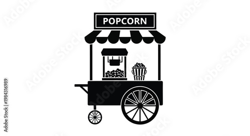 A striking black silhouette depicts a classic popcorn stand with a striped awning and a full bucket silhouette high quality professional detailed modern elegant