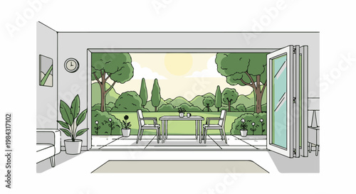 Modern interior opens to a lush green garden with a sunlit patio and seating