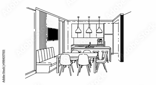 Modern kitchen and dining area with booth seating, table, chairs, and appliances