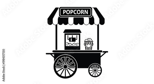 A striking black silhouette depicts a classic popcorn vendor s cart with a striped awning and full bucket capturing a nostalgic feel silhouette