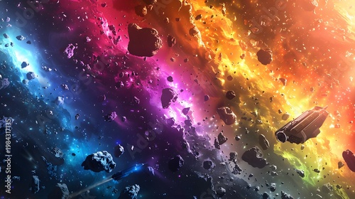 Vibrant cosmic scene showcasing two sleek spaceships navigating through a dense, colorful asteroid field and glowing nebula.