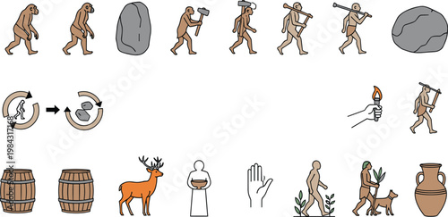 Human Evolution and Ancient Life Icons Set with Prehistoric Tools, Hunting, Fire, Animals and Primitive Culture Symbols Vector Illustration Collection.