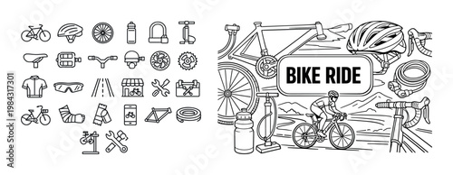 Cycling sport icons and illustration with a rider on a road