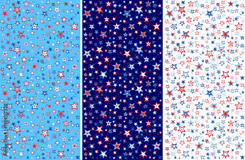 American backgrounds. 4th July seamless pattern. Patriotic prints. Set of Happy independence day textures. Background with red and blue stars. Holiday graphic design. USA Independence Day or President