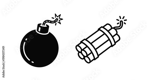Two bomb illustrations with burning wicks a striking black silhouette