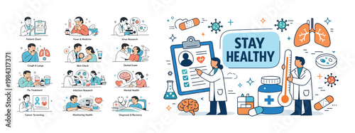 Medical illustrations depict various health services and research for staying healthy