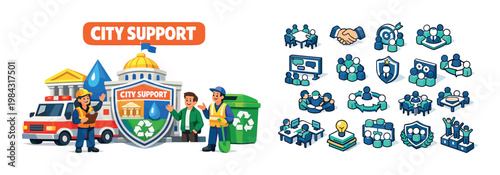 City support services and community engagement icons for urban management