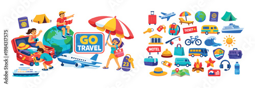 Exciting vacation travel icons and illustrations for planning your next adventure