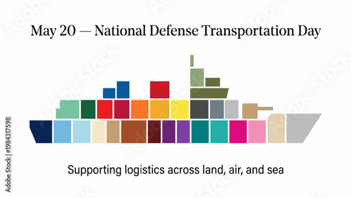 National Defense Transportation Day May 20 Poster with Logistics Cargo Ship Illustration, Military Supply Chain Banner, Land Air Sea Transport Support Concept Flat Vector Design