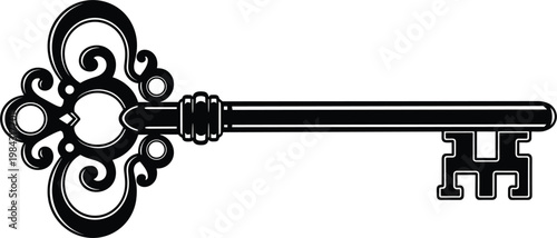 Ornate Black Skeleton Key Vector Illustration Vintage Key Icon on White BackgroundOrnate Black Skeleton Key Vector Illustration Vintage Key Icon on White Background