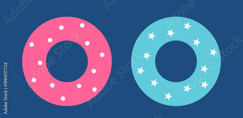 Cute Swimming Ring Flat Vector Illustration Set. 