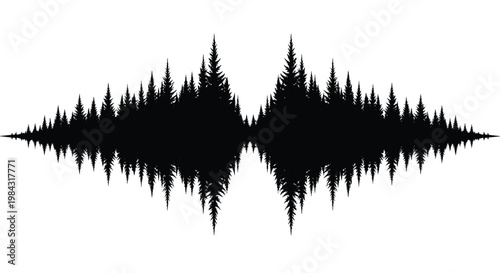 A striking black design depicts a dense forest shaped like an audio waveform creating a visual echo silhouette high quality professional detailed modern elegant