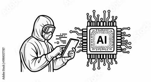 Person in hazmat suit uses tablet interacting with AI chip