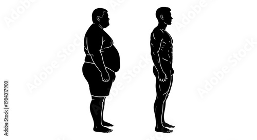 Comparison of body types between obesity and normal weight in silhouette form Vector, illustration