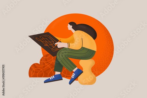 Woman sitting and drawing on graphic tablet. Flat vector illustration on abstract circle background. Digital art creation and graphic design concept. Design for poster, banner, card, wallpaper, print.
