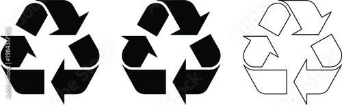 Three recycle logo icons set in black solid and thin outline style isolated on white background for eco friendly design projects.