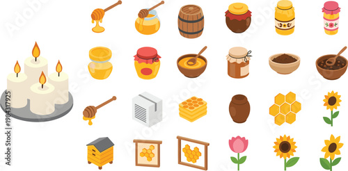 Honey Production and Beekeeping Icon Set with Honey Jars, Honeycomb, Beeswax and Sunflower Elements, Sweet Food Vector Illustration Collection for Organic Farming Design.