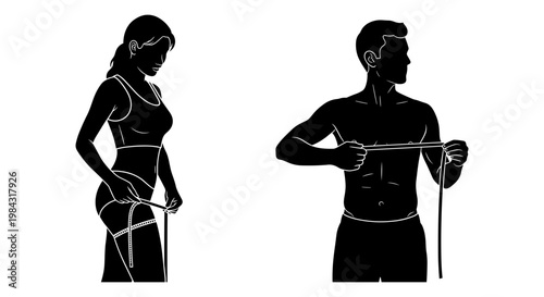 Illustration of measuring waistlines for both men and women with a measuring tape. Vector, illustration
