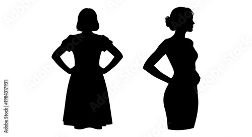 Silhouettes of women in contrasting poses with hands on hips and waist Vector, illustration