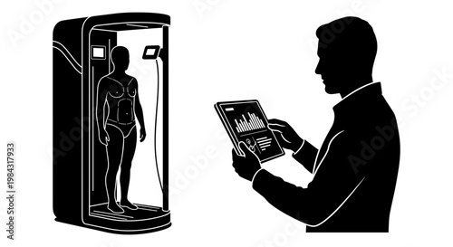 Medical professional analyzing body scan data using a digital tablet. Vector, illustration