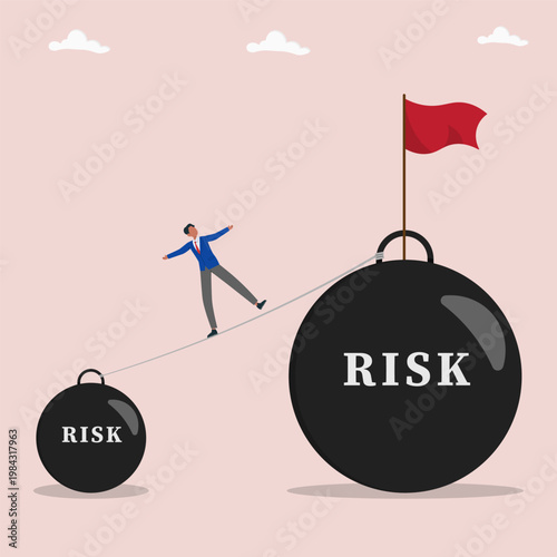 Businessman balancing between small and large risk bombs, symbolizing risk management, financial decision making, and high stakes strategy in business growth.