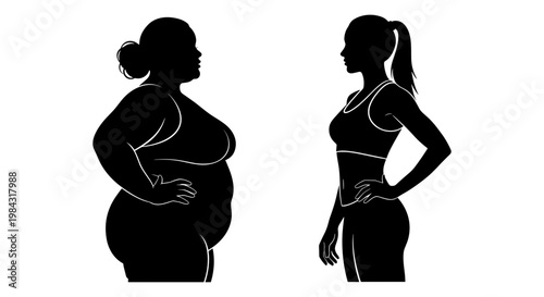 Comparison of body types between an overweight and a fit individual silhouette Vector, illustration