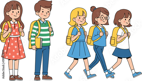 Cute School Children Walking with Backpacks, Happy Kids Characters in Casual Outfit Vector Illustration for Education, Elementary Learning and Back to School Concept.