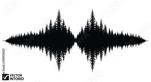 A symmetrical arrangement of coniferous trees forms a striking wave like shape reflected in calm waters creating a dark silhouette high quality professional detailed