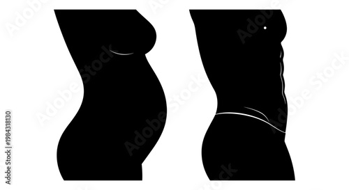 Comparison of front and side views of a pregnant person's silhouette outline. Vector, illustration
