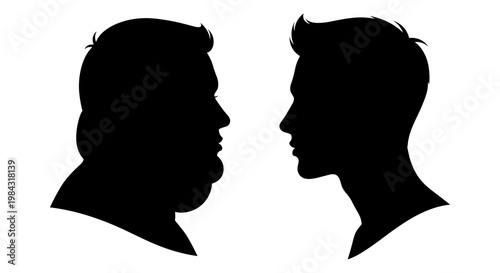 Two contrasting male silhouettes facing each other in profile view Vector, illustration