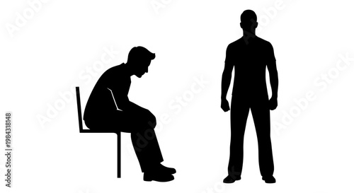 A person sitting dejectedly on a chair next to a standing individual Vector, illustration