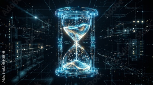 Glowing digital hourglass hologram with flowing particles and binary data. Concepts of time, deadline, countdown, technology, urgency, innovation and digital transformation. Generative AI.