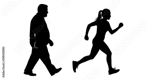 Contrasting silhouettes of a person walking and a person jogging side by side Vector, illustration