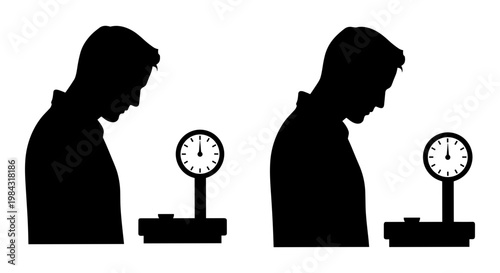 Two individuals observing scales with clocks depicting the passage of time and weight concerns. Vector, illustration