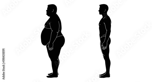 Comparison of body types between an obese and a normal weight individual silhouette Vector, illustration