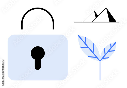 Digital security, sustainability, natural resources, encryption, stability, modern technology. A lock, a leaf and pyramids in a minimalist style. Digital security and sustainability concept