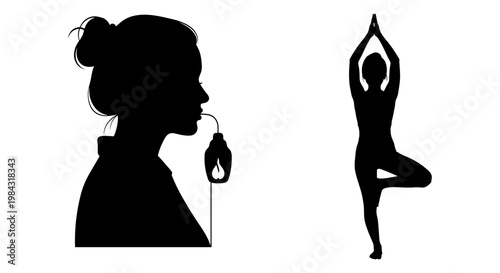 Silhouette of a person drinking and practicing yoga for balance and wellness Vector, illustration
