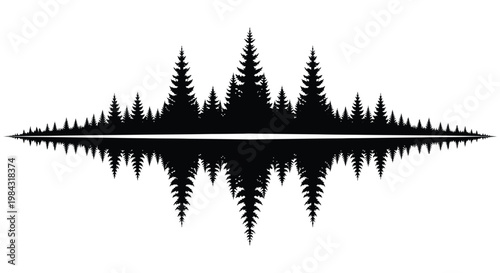 A striking landscape depicts a dense forest of evergreen trees mirrored in calm water forming a symmetrical black silhouette high quality professional detailed modern