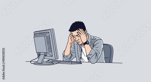 Person in office holding head in hands near computer