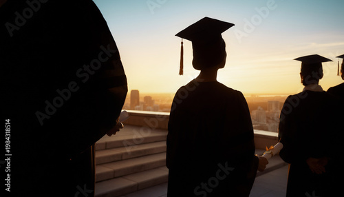 Graduates in Caps and Gowns Silhouetted Against a Sunset Sky Over a Cityscape.