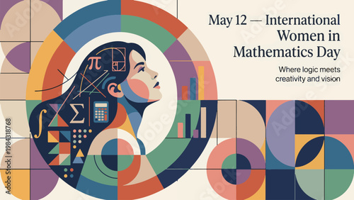 International Women in Mathematics Day May 12 Poster with Abstract Female Portrait and Math Symbols, STEM Education Banner, Science Creativity and Innovation Concept Flat Vector Design