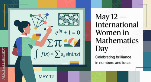 International Women in Mathematics Day May 12 Poster with Female Teacher and Math Equations Board, STEM Education Banner, Learning and Scientific Achievement Concept Flat Vector Illustration