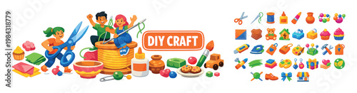 Creative children and adults enjoying DIY craft projects with colorful supplies