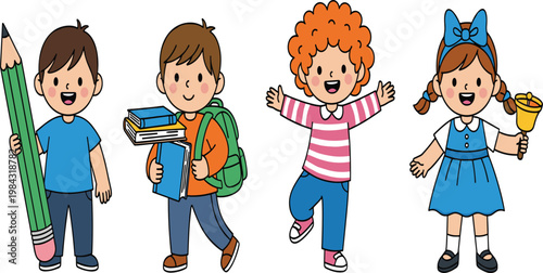 Cute School Children Characters with Books, Backpack and Pencil, Happy Kids Cartoon Vector Illustration for Education, Elementary Learning and Back to School Concept.