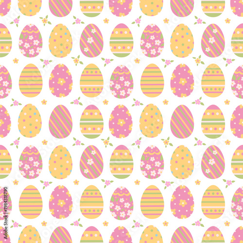 Vector pattern of Easter cute Easter eggs. Linear design, flowers, polka dots. The flat style and pastel colors. Especially for postcards and wrapping paper.