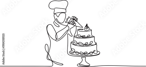 The pastry chef decorates the cake with cream using a pastry bag.one line drawing vector illustration
