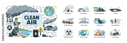 Environmental pollution and clean air concepts illustrated with icons and graphics