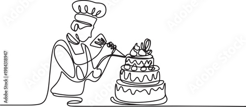 The pastry chef decorates the cake with cream using a pastry bag.one line drawing vector illustration